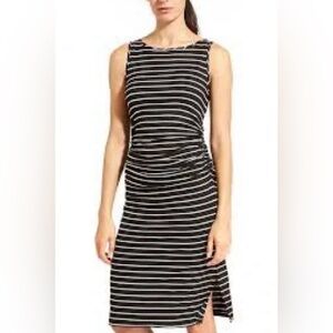 ATHLETA ‘SUN-KISSED’ Striped MIDI Dress, Black and Tan/Cream, Small, EUC (PM7)